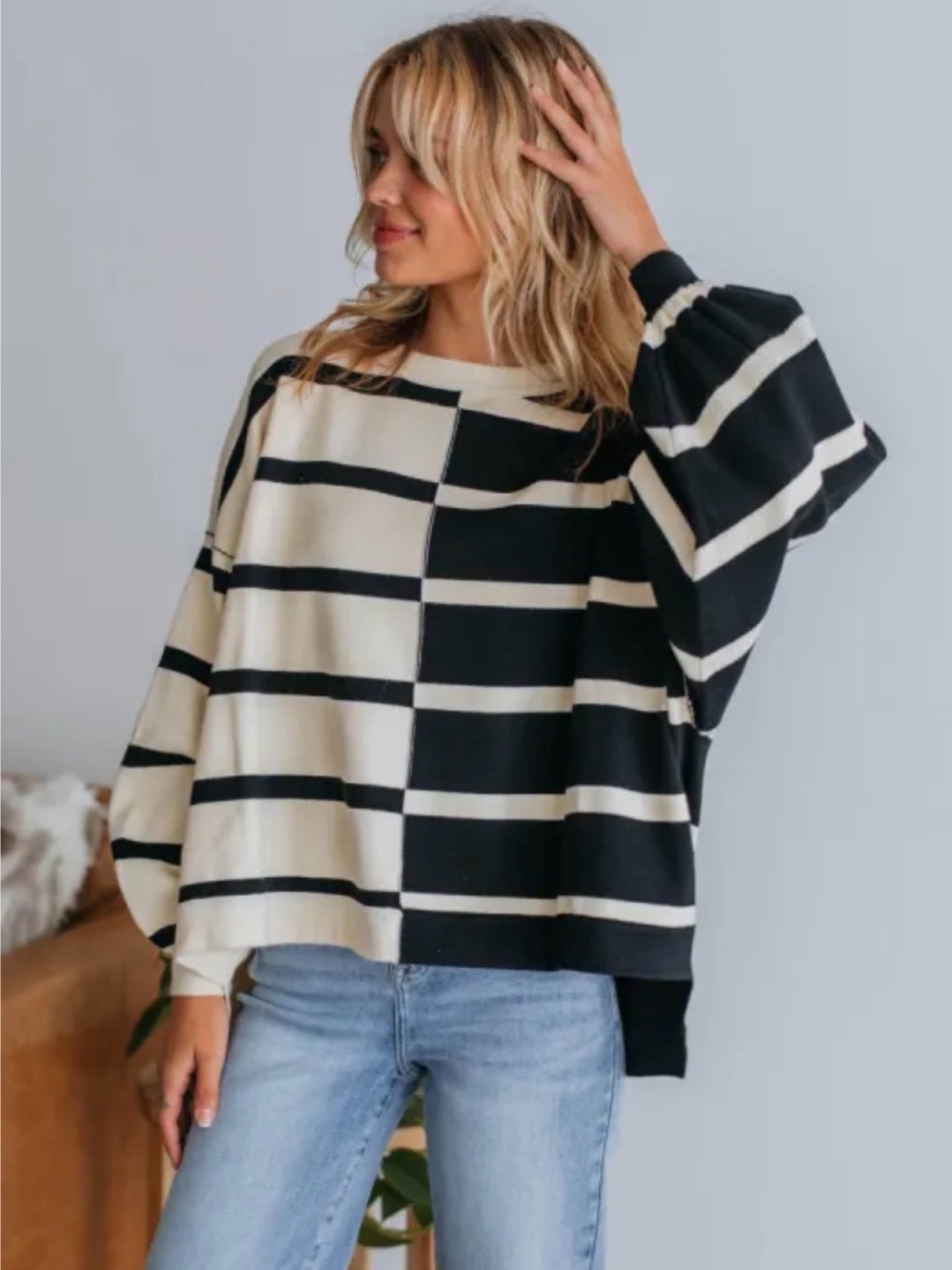 Miou Muse Black and Cream Striped Balloon Sleeve Sweater